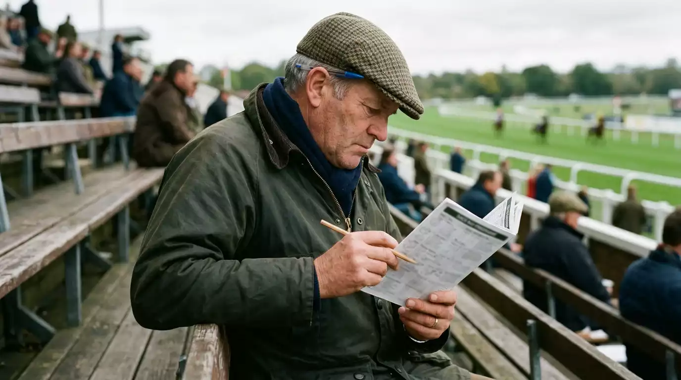 Punter at a racecourse studying a racecard and making notes for exotic bet strategy