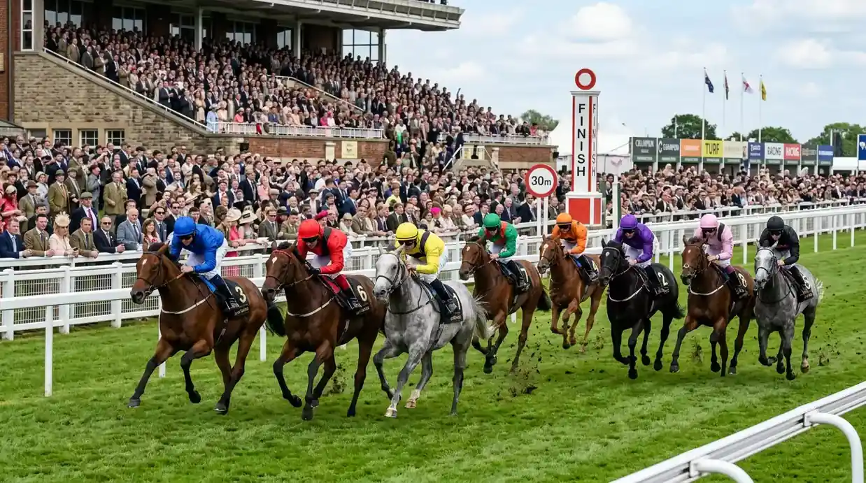 UK horse racing field approaching the finishing line with a large crowd in the stands at a British racecourse