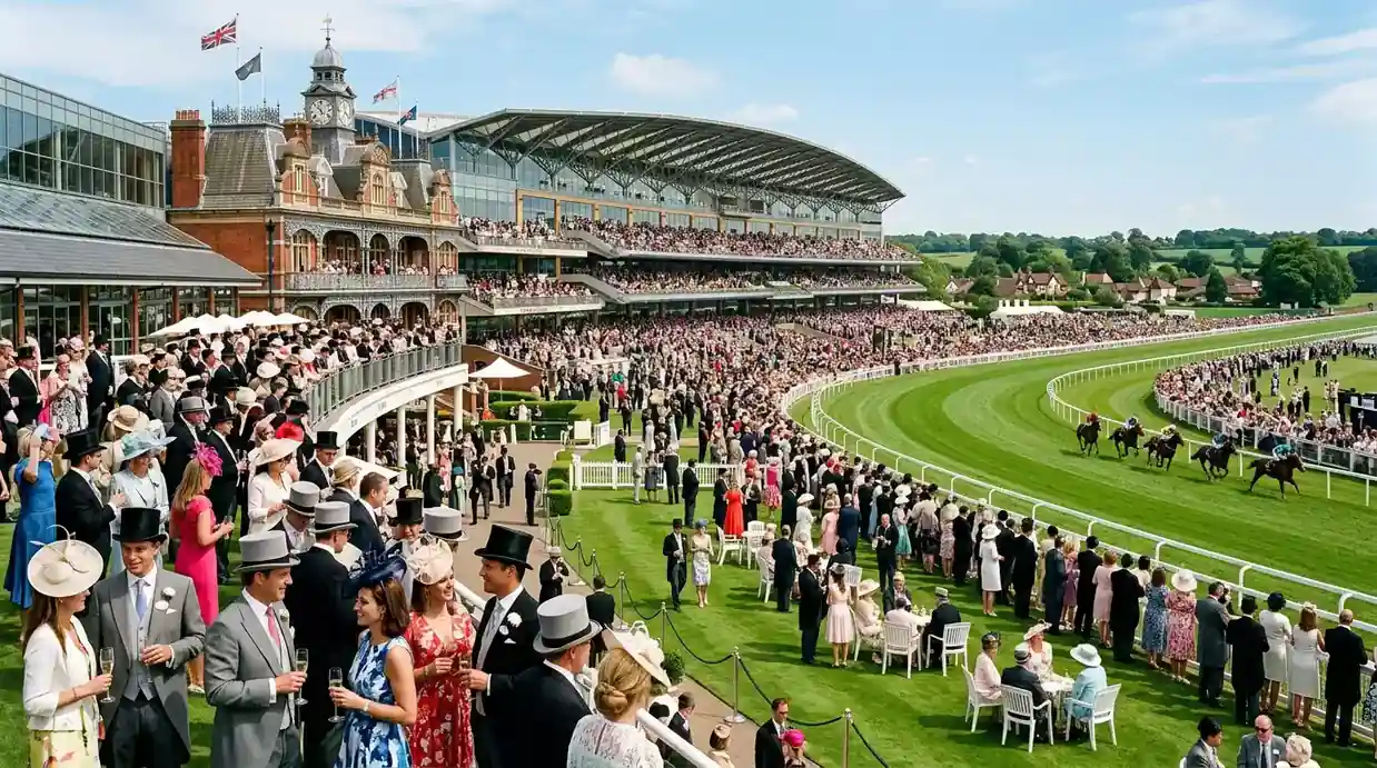 Panoramic view of the Royal Ascot grandstand on a race day with a large crowd watching the horses