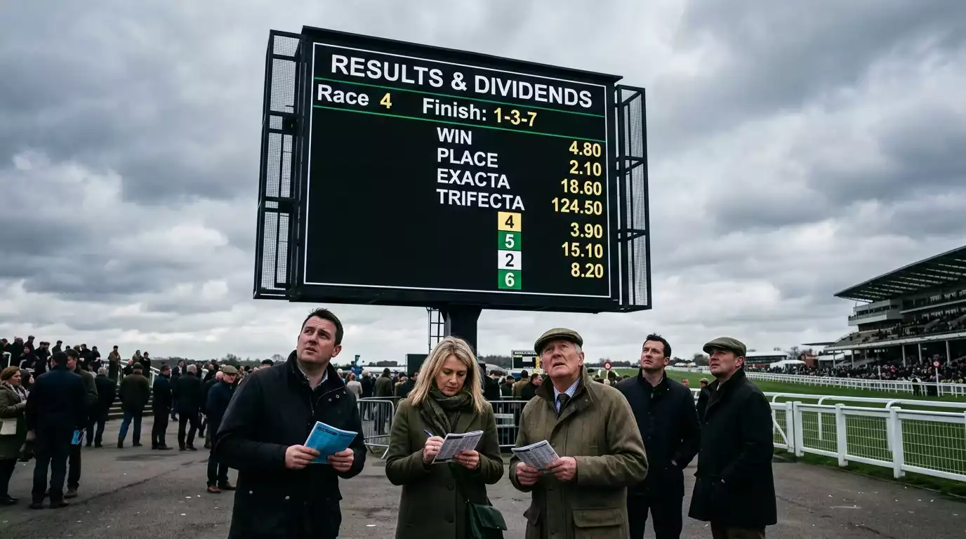 Tote dividend display screen at a British racecourse showing exotic bet payouts after a race
